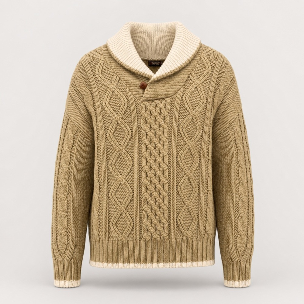 Thane Vintage Mens XL Cable Knit Shawl Collar Sweater Tan Cream Acrylic Korea